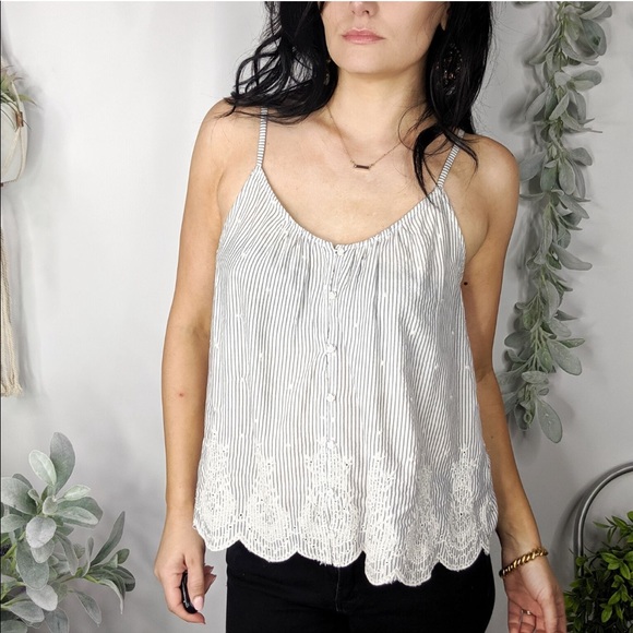 hinge Tops - HINGE Tank Top Striped Scallop Hem Eyelet 0363